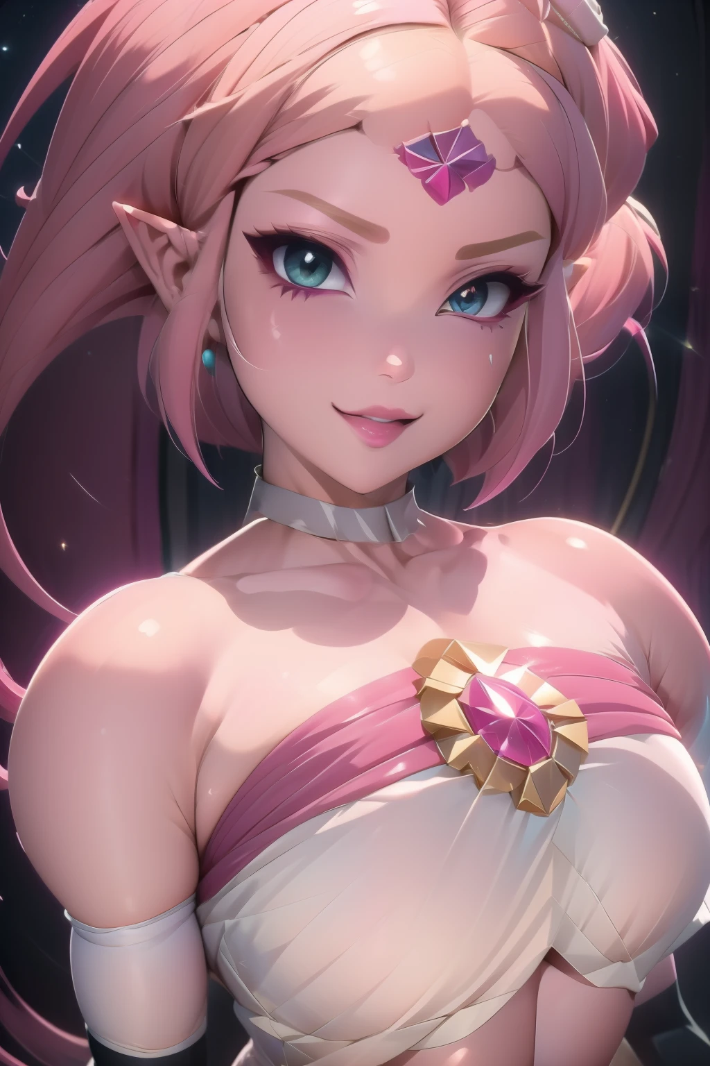 pnkdamond, pink hair, pink eyes,  long hair,  stomach gem,  pink skin,  toned, 
puffy short sleeves, elbow gloves ,  white thighs,   Puffy dress, 
standing, Upper part of the body, 
 outer space,  
(incredibly detailed, beautiful detailed face,Beautiful detailed eyes, Masterpiece, Best Quality) cinematic lighting,  SMILE, 
 