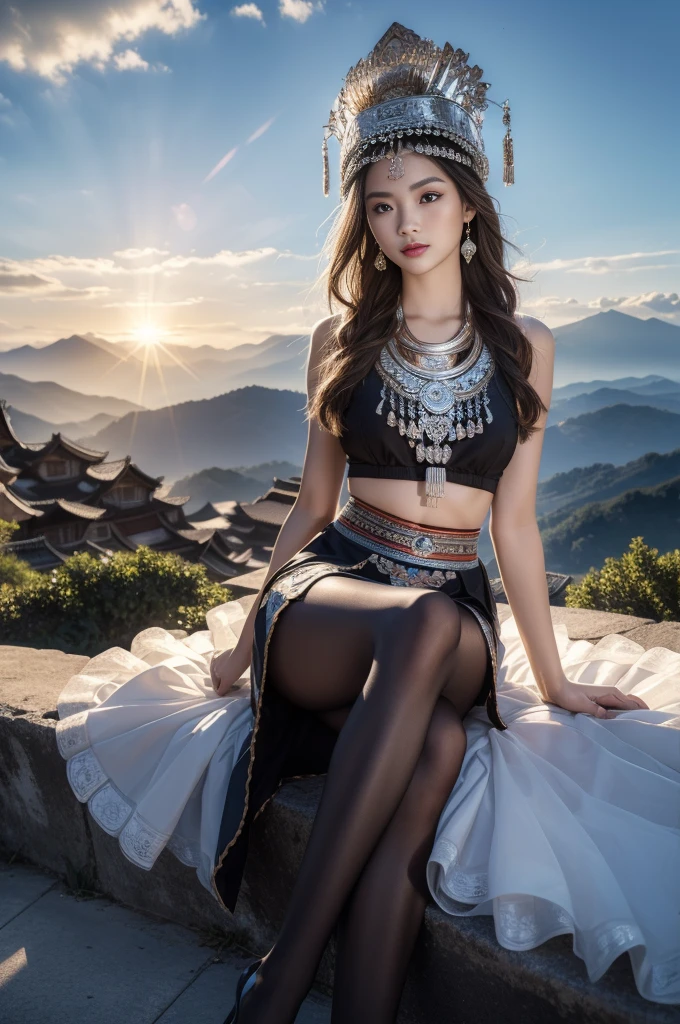 (whole body:1.5)，(1 Miao girl:1.3),(View viewer:1.4)，(anatomically correct:1.4),(Transparent pantyhose:1.3),(sit on the top of the mountain:1.2),(Wearing Miao costumes:1.2),,( pointed toe block heels :1.1),(precise、Perfect face shape:1.3),(long legs:1.3),Wearing Miao headdress，disseminate, spread your legs，Ultra high quality, Light線追蹤, reflected Light， Correct structure, Award-winning, high detail, Lighten shadow contrast, facial Lighting ，Light, masterpiece, Super detailed, high quality, high detail, best quality, 16K，High contrast,