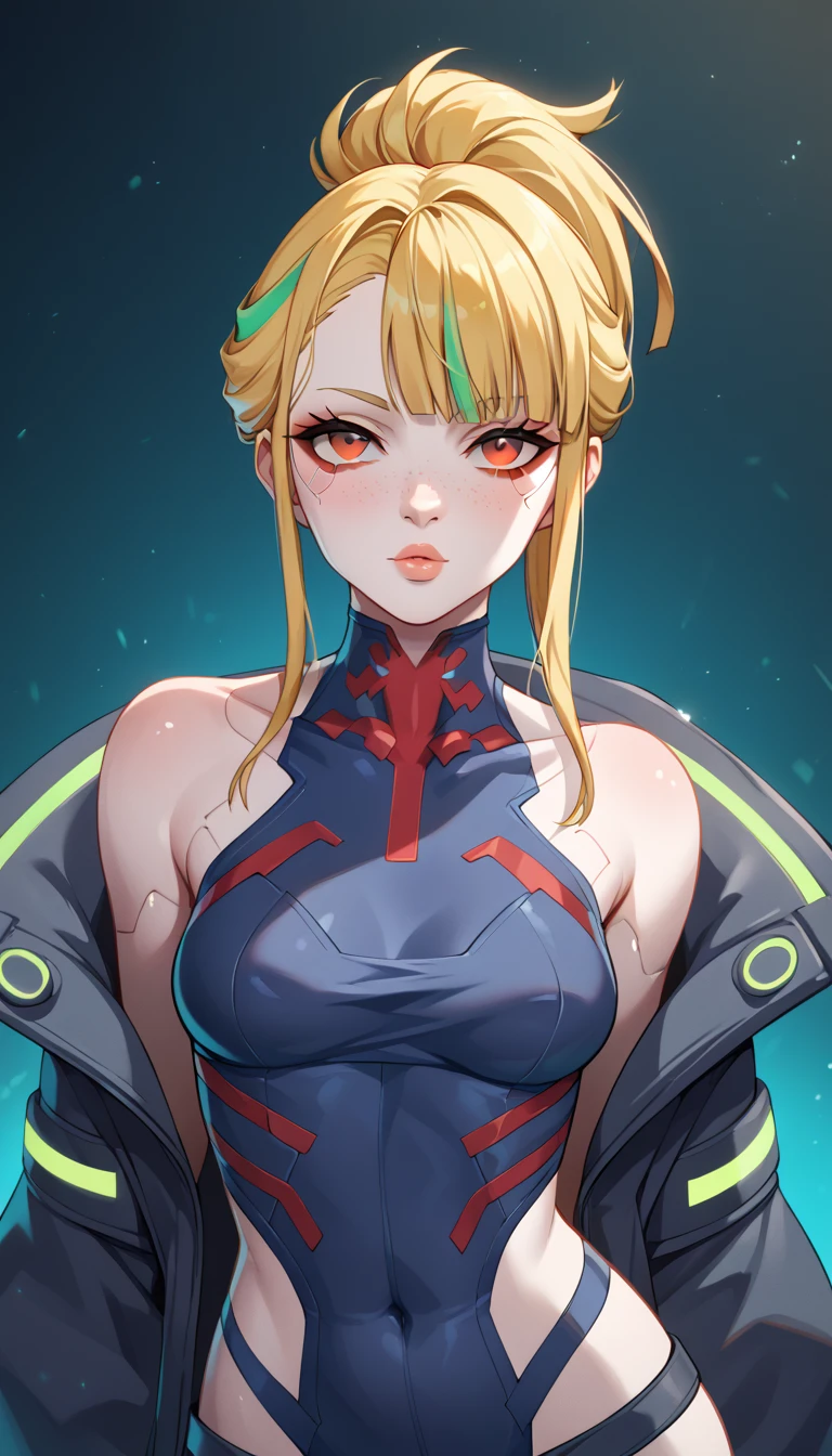 1 Girl, Medium Breasts, Golden Yellow Hair, Light Green Highlights In The hair, Red Eyes, Nice Eyes, Ponytail Hair Style, Freckles, Nice Lips, Nice Nose, Pale White Skin, Smooth Skin, Cyberpunk Style, Cyberpunk Clothes, NIghtcity Background, Neon Colors, 