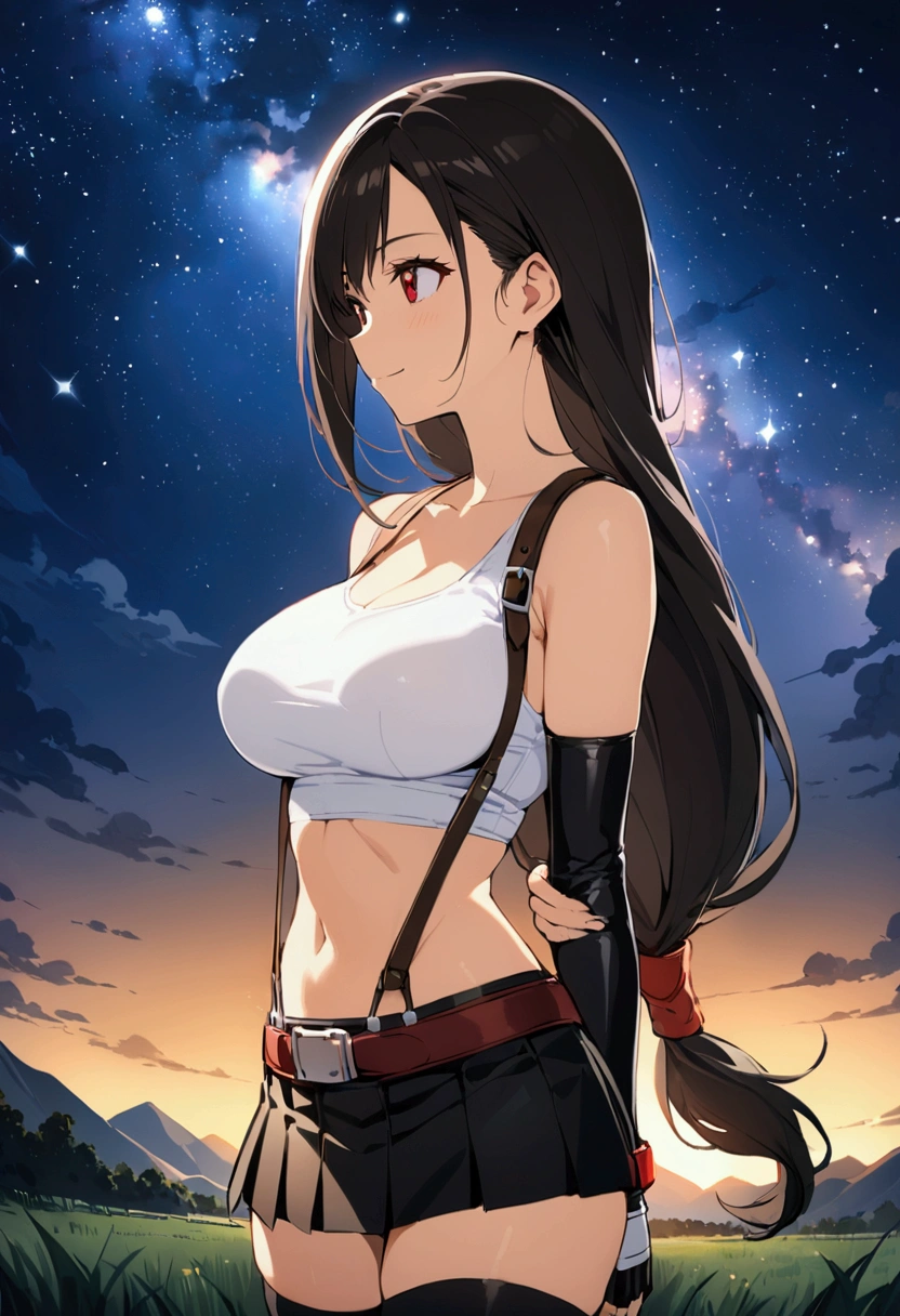 score_9,score_8_up,score_7_up,BREAK source_anime, masterpiece, best quality, (recent), perfect anatomy, very aesthetic,anime style,upperbody,,Solo,1girl, tifa lockhart, final fantasy,black hair, low-tied long hair, red eyes, bangs, (white tank top,gap),(High exposure)，the ribs,belt, pleated skirt, thighhighs, elbow fingerless gloves,  midriff, navel,suspenders.skirt),beautiful waist ,(large_breast:1.3),(from side,looking away),standing,arms in sides,light smile,,,outdoor,star sky,night, skin tight,  depth of field、beautifully lit,great lighting　　