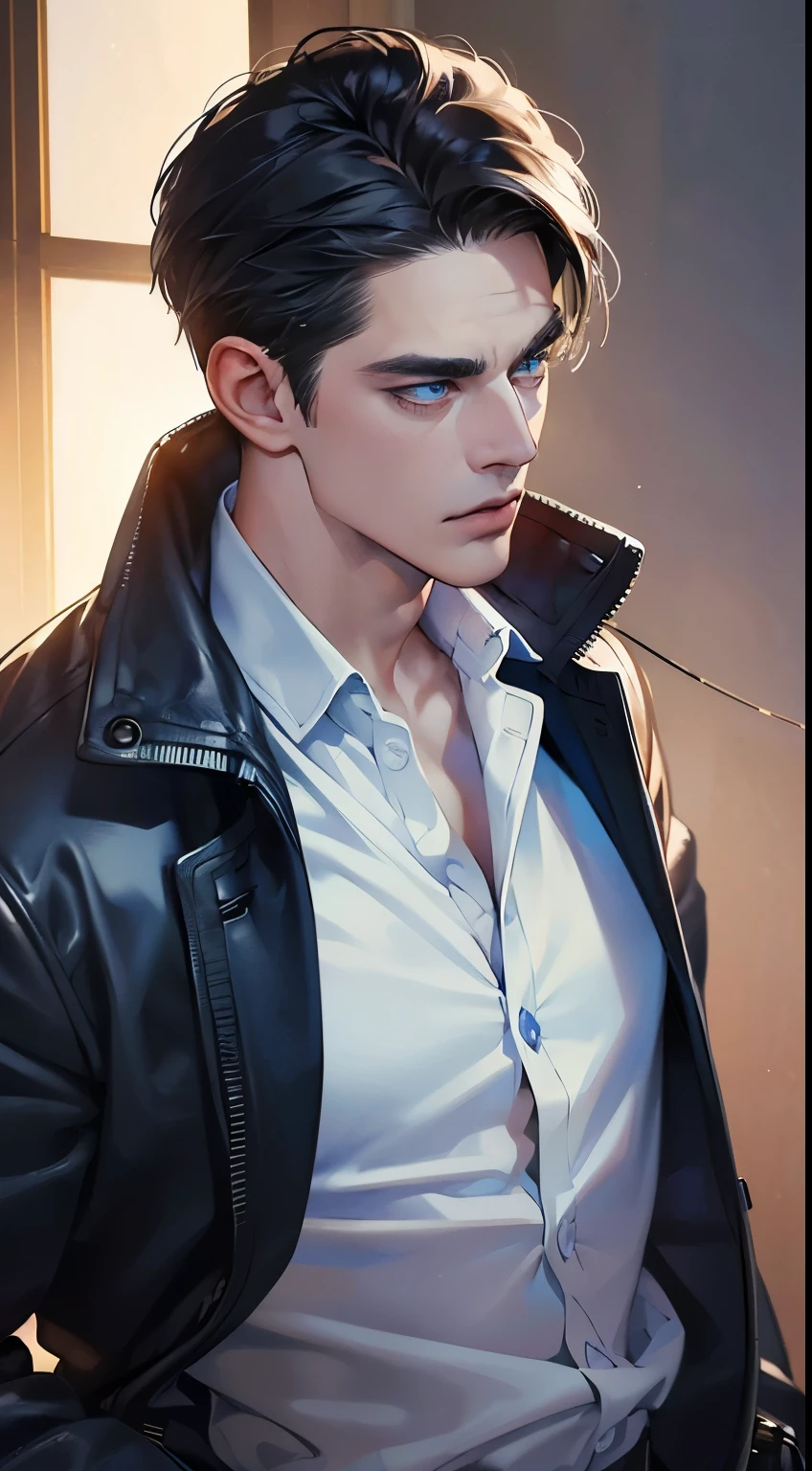 (best quality, masterpiece, 8K, photorealistic, cinematic lighting, 1:4 hdr image, ultra detailed, beautiful image), a mature man, 34 years very handsome, ((cold expression)), short black hair, blue eyes, face perfect without mistakes, ((buttoning his jacket, CEO))