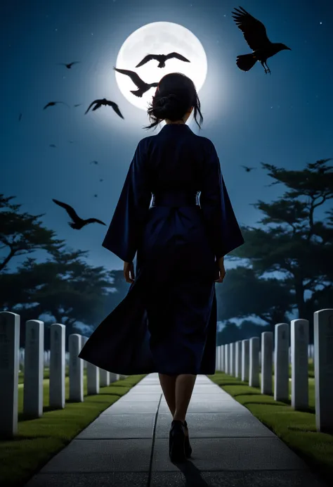 silhouette of a japanese woman in a kimono walking through an american cemetery at night under moonlight, holding a large machin...