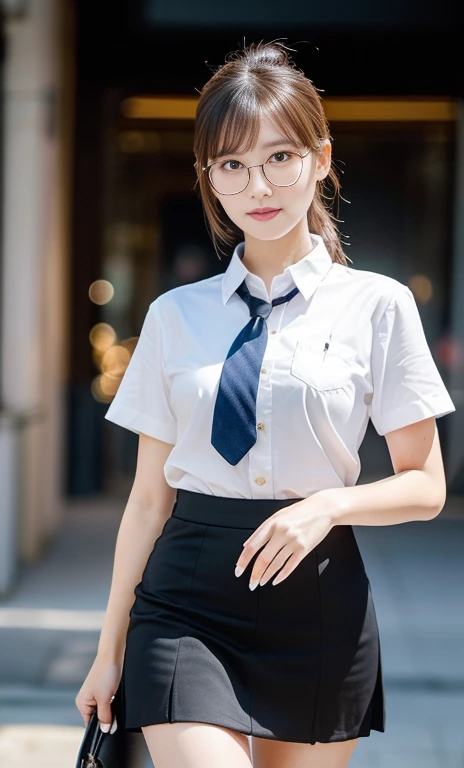 (A gorgeous Chinese lady, age 28, professional high-school lecturer & artist, wearing trendy office attire, blazers, sky-blue tie, short-sleeve white shirt with buttons, pencil mini-skirt, ITZY sneakers, walking in an art museum, 

(fabulous, geeky, feminine, gentle,
friendly, goofy, fascinating, Graceful),

spectacles, #roundeyeware, #glasses, #eyeware, kind smile, dimpled cheeks, cute snaggle-tooth, short ponytail, short bob hair trimmed, short hair, symmetrical face, beautiful detailed face, bright_and_full_of_warmth_eyes, detailed eyes, ample round bosom, perfect body anatomy,

Award-winning, photorealistic, hyper-realism, high contrast, ultra HD, realistic skin textures, top image quality, top-quality, super high resolution, fine details, very meticulously, Vivid Colours, masterpiece, High angle shot, full body shot, cowboy shot, positive affirmation, serene ambience, bokeh night background, SFW)