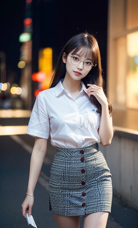 (A gorgeous Chinese lady, age 28, professional high-school lecturer & artist, wearing trendy office attire, blazers, sky-blue tie, short-sleeve white shirt with buttons, pencil mini-skirt, ITZY sneakers, walking in an art museum, 

(fabulous, geeky, feminine, gentle,
friendly, goofy, fascinating, Graceful),

spectacles, #roundeyeware, #glasses, #eyeware, kind smile, dimpled cheeks, cute snaggle-tooth, short ponytail, short bob hair trimmed, short hair, symmetrical face, beautiful detailed face, bright_and_full_of_warmth_eyes, detailed eyes, ample round bosom, perfect body anatomy,

Award-winning, photorealistic, hyper-realism, high contrast, ultra HD, realistic skin textures, top image quality, top-quality, super high resolution, fine details, very meticulously, Vivid Colours, masterpiece, High angle shot, full body shot, cowboy shot, positive affirmation, serene ambience, bokeh night background, SFW)