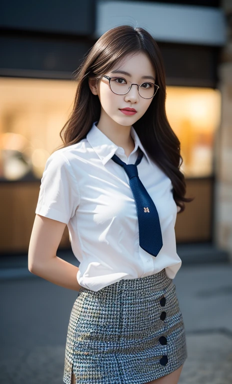 (A gorgeous Chinese lady, age 28, professional high-school lecturer & artist, wearing trendy office attire, blazers, sky-blue tie, short-sleeve white shirt with buttons, pencil mini-skirt, ITZY sneakers, walking in an art museum, 

(fabulous, geeky, feminine, gentle,
friendly, goofy, fascinating, Graceful),

spectacles, #roundeyeware, #glasses, #eyeware, kind smile, dimpled cheeks, cute snaggle-tooth, short ponytail, short bob hair trimmed, short hair, symmetrical face, beautiful detailed face, bright_and_full_of_warmth_eyes, detailed eyes, ample round bosom, perfect body anatomy,

Award-winning, photorealistic, hyper-realism, high contrast, ultra HD, realistic skin textures, top image quality, top-quality, super high resolution, fine details, very meticulously, Vivid Colours, masterpiece, High angle shot, full body shot, cowboy shot, positive affirmation, serene ambience, bokeh night background, SFW)