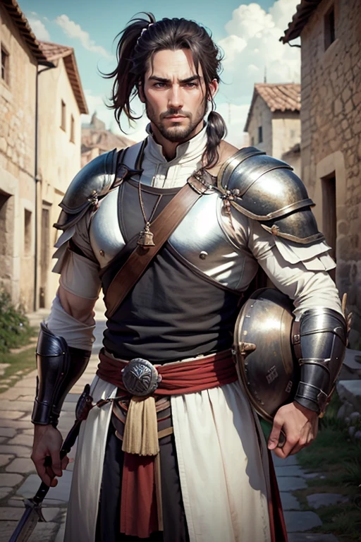 30 year old man, ponytail hair, greeneyes, serious expression, muscled body, trajes de gladiador, holding an epée, medieval village.