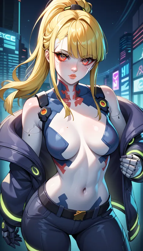 1 girl, medium breasts, golden yellow hair, lots light green highlights in the hair, cybernetic red eyes, neon eyes, nice eyes, ...