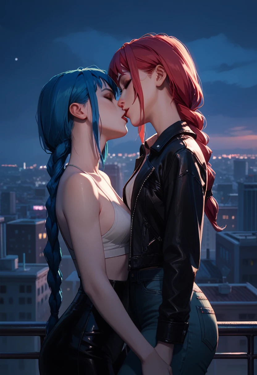 score_9, score_8_up, score_7_up, score_6_up, 2girls, makima and jinx, yuri, girlfriends, lovers, kissing, city rooftop, night, cinematic lighting.