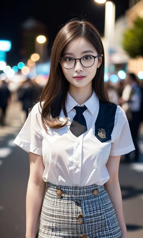 (A gorgeous Chinese lady, age 28, professional high-school lecturer & art director, wearing trendy office attire, blazers, sky-blue tie, short-sleeve white shirt with buttons, pencil mini-skirt, ITZY sneakers, making heads turn in the Cannes Film Festival, 

(fabulous, geeky, feminine, gentle,
friendly, goofy, fascinating, Graceful),

spectacles, #roundeyeware, #glasses, #eyeware, kind smile, dimpled cheeks, cute snaggle-tooth, short ponytail, short bob hair trimmed, short hair, symmetrical face, beautiful detailed face, bright_and_full_of_warmth_eyes, detailed eyes, ample round bosom, perfect body anatomy,

Award-winning, photorealistic, hyper-realism, high contrast, ultra HD, realistic skin textures, top image quality, top-quality, super high resolution, fine details, very meticulously, Vivid Colours, masterpiece, High angle shot, full body shot, cowboy shot, positive affirmation, serene ambience, bokeh night background, SFW)