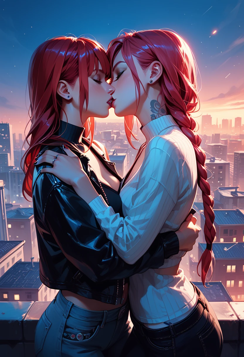 score_9, score_8_up, score_7_up, score_6_up, 2girls, makima and jinx, yuri, girlfriends, lovers, kissing, city rooftop, night, cinematic lighting.