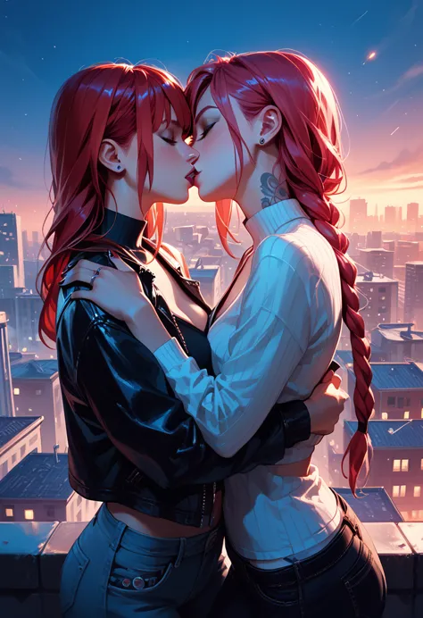 score_9, score_8_up, score_7_up, score_6_up, 2girls, makima and jinx, yuri, girlfriends, lovers, kissing, city rooftop, night, c...