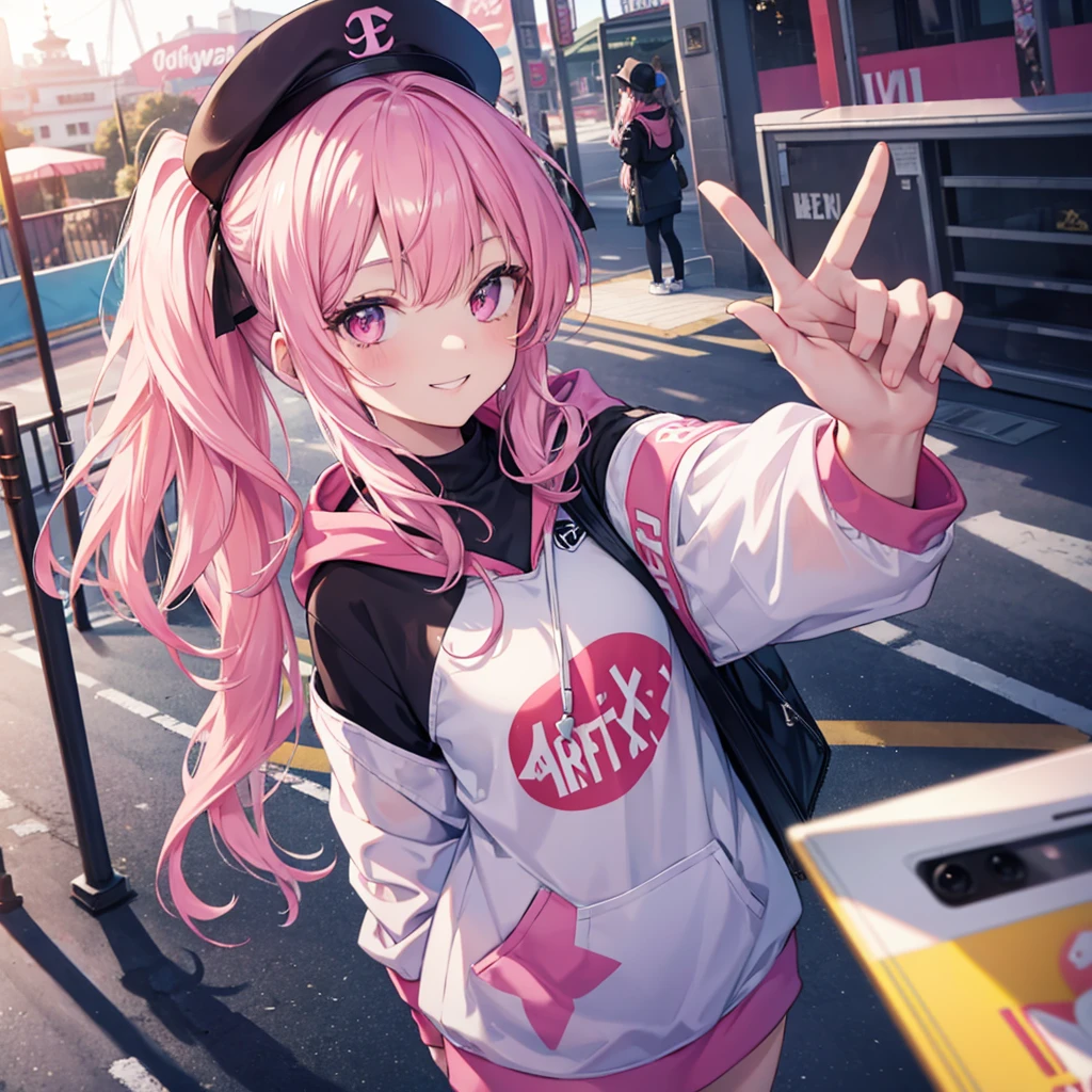 One woman,Best Influencers((Taking a selfie,High angle, wearing a black cap)) background(amusement park,Ferris wheel) Super smile,Smiling with teeth showing,V sign pink hair,Side ponytail Pink eyes,Super Shine,Yellow highlight hoodie,Pink accent anime style,Japan Shining Eyes,A masterpiece Shining edges