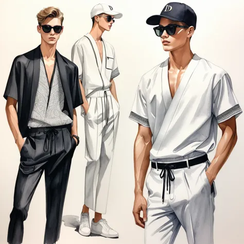 candid fashion illustration of young 3man , aged 23 year old, tall and slender, male super model, ((showcase fashion in a trible...