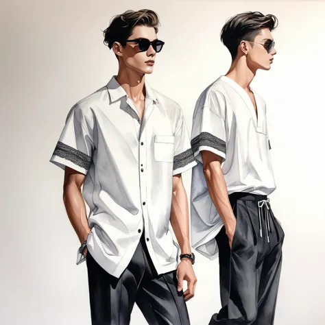 candid fashion illustration of young 3man , aged 23 year old, tall and slender, male super model, ((showcase fashion in a trible...