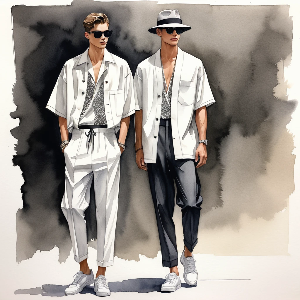 candid fashion illustration of young 3man , aged 23 year old, tall and slender, male super model, ((showcase fashion in a Trible cotton outfits)), clothes inspired by Christian Dior collection, in elegant modern style with ((ethnic woven details)). The 1st man wears an oversized shirt with Trible embroidery and lace details, paired with slim-fit Pants, semi hard bugle, The 2nd man complements him in a white lace shirt, paired with white Drawstring short pants, 3rd man wears an oversized Yukata with short-sleeved white shirt, lace details, relaxed-fit white hammer Pants, side entry pockets, all completes the look with white sneakers, sunglasses, staew hat, Captured in a ((full-body pose)), ((simple water-color on white paper background)), realistic pencil lines, imperfect drawing, charcoal lines detail, fading sketch, fashion Sketching, low angle view,