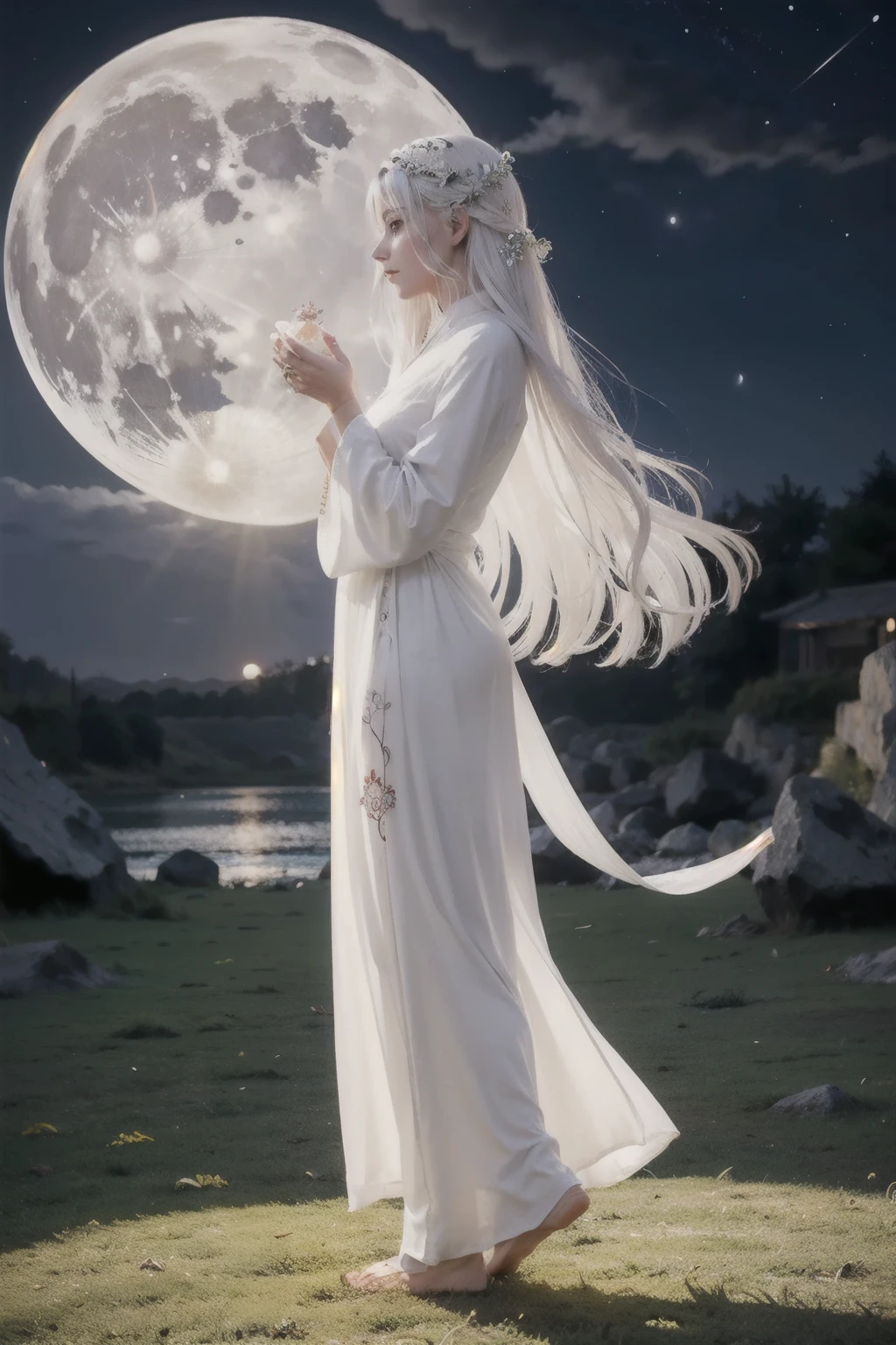 a woman in an elegant white dress embroidered with mystical symbols, walking in the grass under a full moon, ((night)), ((dark sky)), (viewer looking up to woman), (full body portrait), ((profile view, side view)), (bare feet), moon goddess, beautiful face, detailed face, flowing white robes, with long white hair, a beautiful artwork illustration, beautiful character painting, white haired deity, flowing white hair, long flowing white hair, goddess of the moon, long glowing ethereal hair, flowing hair and long robes, 