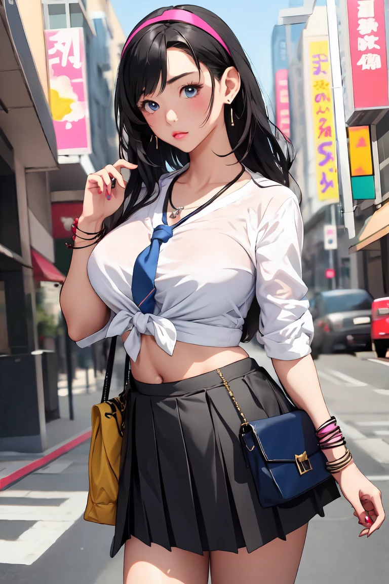 masterpiece, Highest quality, Maya Kumashiro, One girl, alone, chest, chestの谷間, Long Hair, White headband, Parted bangs, blue eyes, View your viewers, Sweat, large chest, Collared shirt, tie shirt, Pleated skirt, flashyな修正, Happy, flashy,Too many accessories, colorful , Kogal, Kogal gyaru, necklace, Earrings, bracelet, Good handbag, belly button, abdomen, (compensate)