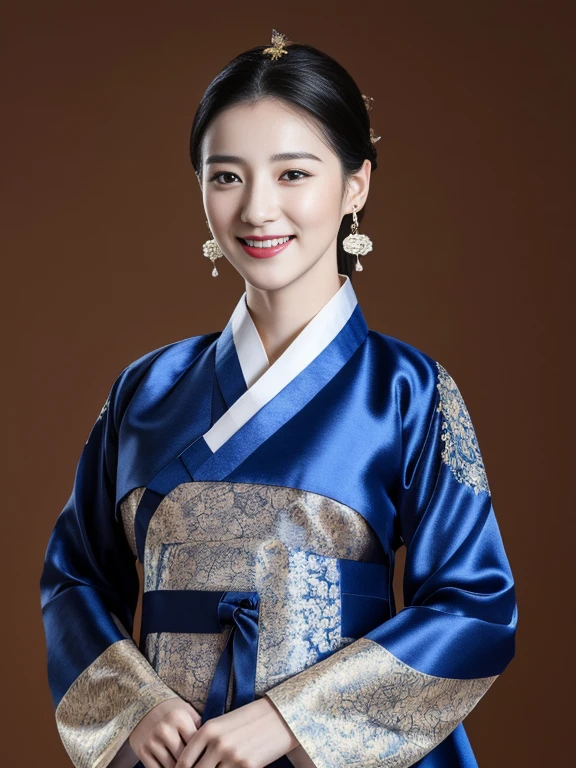 Woman wearing Chinese clothing,Upper body portrait,looking at viewer, Korean, 30 years-old, One of the three most beautiful women in the Korean, A beauty known all over the world, (light Black hair, beautiful lip, smile, earring ), (middle breasts, slender whist, wide hip ) ,(Silk Korean Hanbok clothing ,background wear color is blue), Royal cloth, Korean shoes ),(masterpiece, highest quality, High resolution, Photo realistic, sharp, RAW Photos, 8k wallpaper, perfection, Professional Lighting, Very detailed)