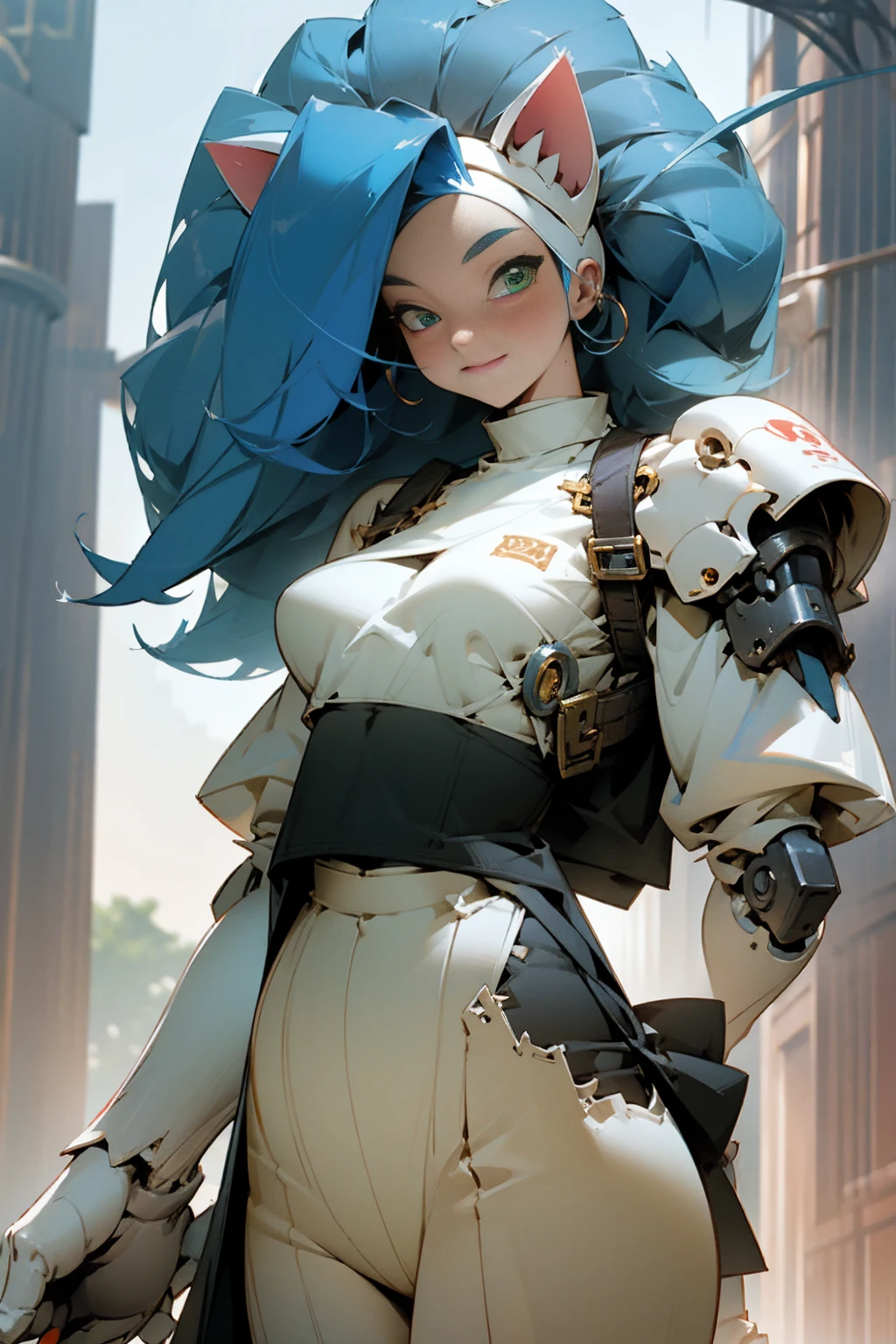 ((Masterpiece, Best Quality, anime style)), Felicia, Blue hair, Green eyes, cat eyes, Cat tail, busty, big breasts, big ass, happy, smile, sexy bikini armor, gauntlets armors, graves armors, lewd, in a medieval city, illustration, ultra-detailed 8K, clear focus, highly detailed, professional lighting, colorful details, colors BREAK,