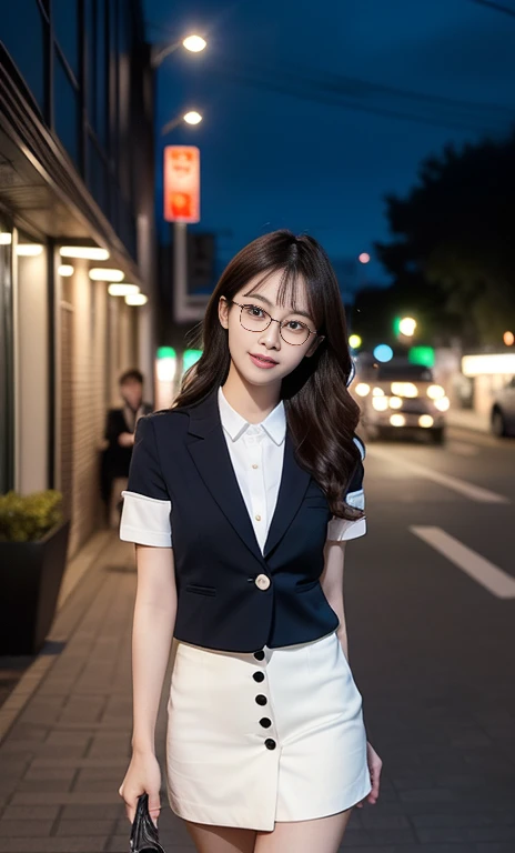 (A gorgeous Korean lady, age 28, professional high-school lecturer & art director, wearing trendy office attire, blazers, sky-blue tie, short-sleeve white shirt with buttons, pencil mini-skirt, ITZY sneakers, walking to KBS Music Bank,

(fabulous, geeky, feminine, gentle,
friendly, goofy, fascinating, Graceful),

spectacles, #roundeyeware, #glasses, #eyeware, kind smile, dimpled cheeks, cute snaggle-tooth, short ponytail, short bob hair trimmed, short hair, symmetrical face, beautiful detailed face, bright_and_full_of_warmth_eyes, detailed eyes, ample round bosom, perfect body anatomy,

Award-winning, photorealistic, hyper-realism, high contrast, ultra HD, realistic skin textures, top image quality, top-quality, super high resolution, fine details, very meticulously, Vivid Colours, masterpiece, High angle shot, full body shot, cowboy shot, positive affirmation, serene ambience, bokeh night background, SFW)