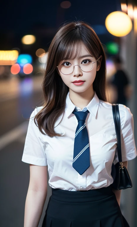 (A gorgeous Korean lady, age 28, professional high-school lecturer & art director, wearing trendy office attire, blazers, sky-blue tie, short-sleeve white shirt with buttons, pencil mini-skirt, ITZY sneakers, walking to KBS Music Bank,

(fabulous, geeky, feminine, gentle,
friendly, goofy, fascinating, Graceful),

spectacles, #roundeyeware, #glasses, #eyeware, kind smile, dimpled cheeks, cute snaggle-tooth, short ponytail, short bob hair trimmed, short hair, symmetrical face, beautiful detailed face, bright_and_full_of_warmth_eyes, detailed eyes, ample round bosom, perfect body anatomy,

Award-winning, photorealistic, hyper-realism, high contrast, ultra HD, realistic skin textures, top image quality, top-quality, super high resolution, fine details, very meticulously, Vivid Colours, masterpiece, High angle shot, full body shot, cowboy shot, positive affirmation, serene ambience, bokeh night background, SFW)