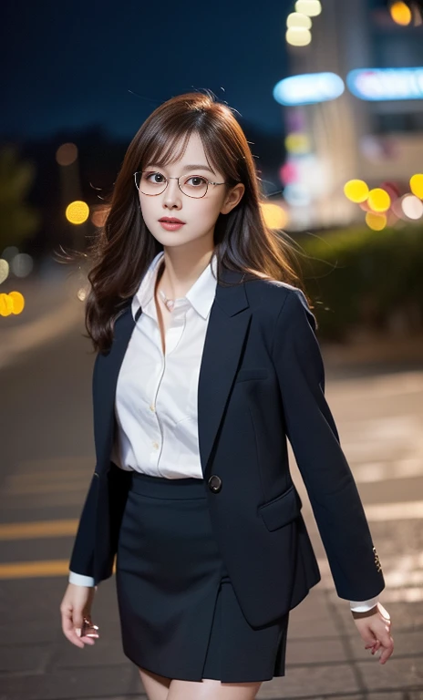 (A gorgeous Korean lady, age 28, professional high-school lecturer & art director, wearing trendy office attire, blazers, sky-blue tie, short-sleeve white shirt with buttons, pencil mini-skirt, ITZY sneakers, walking to KBS Music Bank,

(fabulous, geeky, feminine, gentle,
friendly, goofy, fascinating, Graceful),

spectacles, #roundeyeware, #glasses, #eyeware, kind smile, dimpled cheeks, cute snaggle-tooth, short ponytail, short bob hair trimmed, short hair, symmetrical face, beautiful detailed face, bright_and_full_of_warmth_eyes, detailed eyes, ample round bosom, perfect body anatomy,

Award-winning, photorealistic, hyper-realism, high contrast, ultra HD, realistic skin textures, top image quality, top-quality, super high resolution, fine details, very meticulously, Vivid Colours, masterpiece, High angle shot, full body shot, cowboy shot, positive affirmation, serene ambience, bokeh night background, SFW)