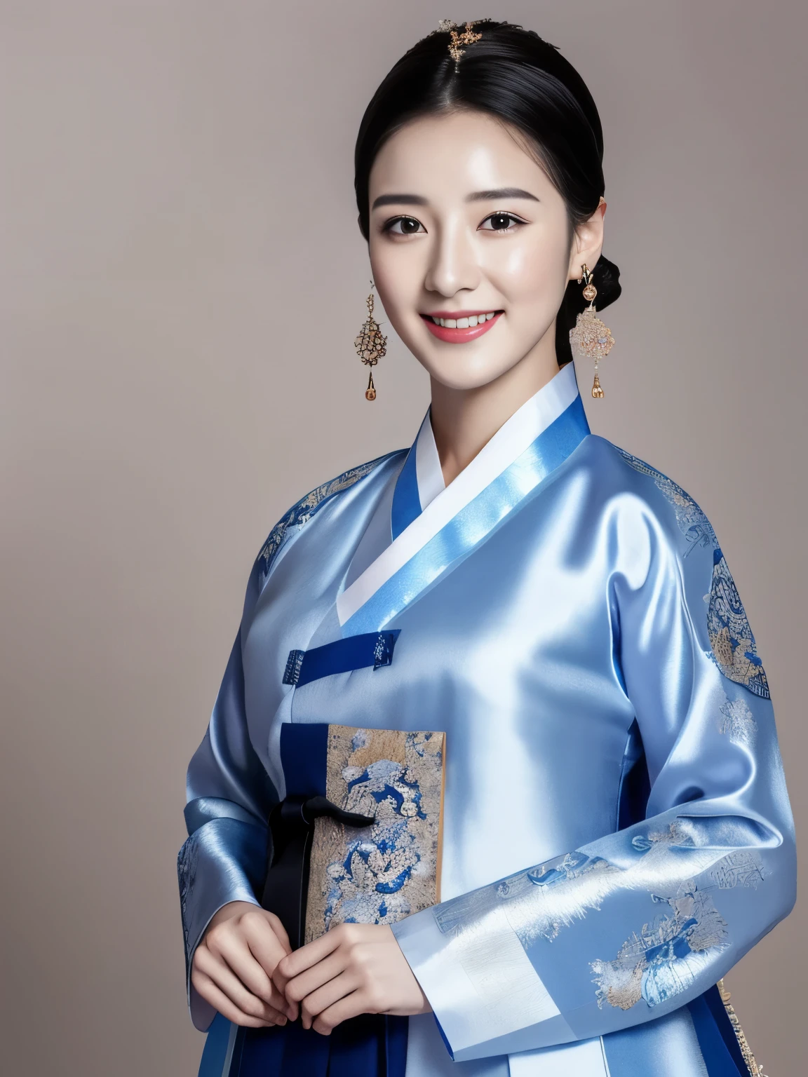 Woman wearing Chinese clothing,Upper body portrait,looking at viewer, Korean, 30 years-old, One of the three most beautiful women in the Korean, A beauty known all over the world, (light Black hair, beautiful lip, smile, earring ), (middle breasts, slender whist, wide hip ) ,(Silk Korean Hanbok clothing ,background wear color is blue), Royal cloth, Korean shoes ),(masterpiece, highest quality, High resolution, Photo realistic, sharp, RAW Photos, 8k wallpaper, perfection, Professional Lighting, Very detailed)