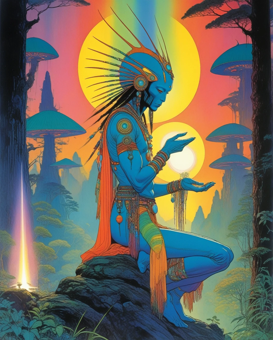 amano yoshitaka,  Art style by Noriyoshi Ohrai, Hajime Sorayama, Hiroshi Nagai, (Masterpiece, Top Quality, Super Deatail, High Resolution, Best Illustration), Moebius (Jean Giraud) Style - A spectacular composition by Jean Giraud Moebius, ((masterpiece)), ((best quality)), (highest quality masterpiece), (masterpiece), (masterpiece, best quality), in a futuristic theme. An awe-inspiring illustration of an alien shaman performing a ritual, digital art, featuring rainbow colors, detailed ceremonial attire, and a mystical forest in the background. Sleek, modern, ultramodern, high-tech elements with glowing tattoos. PsyAI, Psychedelic, Visionary art, DMT, and LSD style by Moebius.