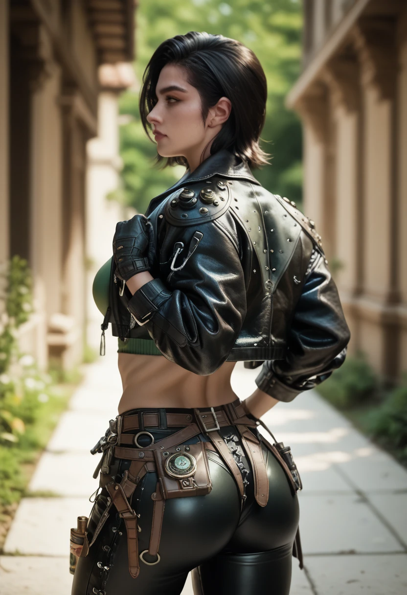 Freyna, 22 years old woman, short black hair, medium breasts, green top, black cropped jacket, black tight leather pants, big ass, fit toned body, holsters, belts,