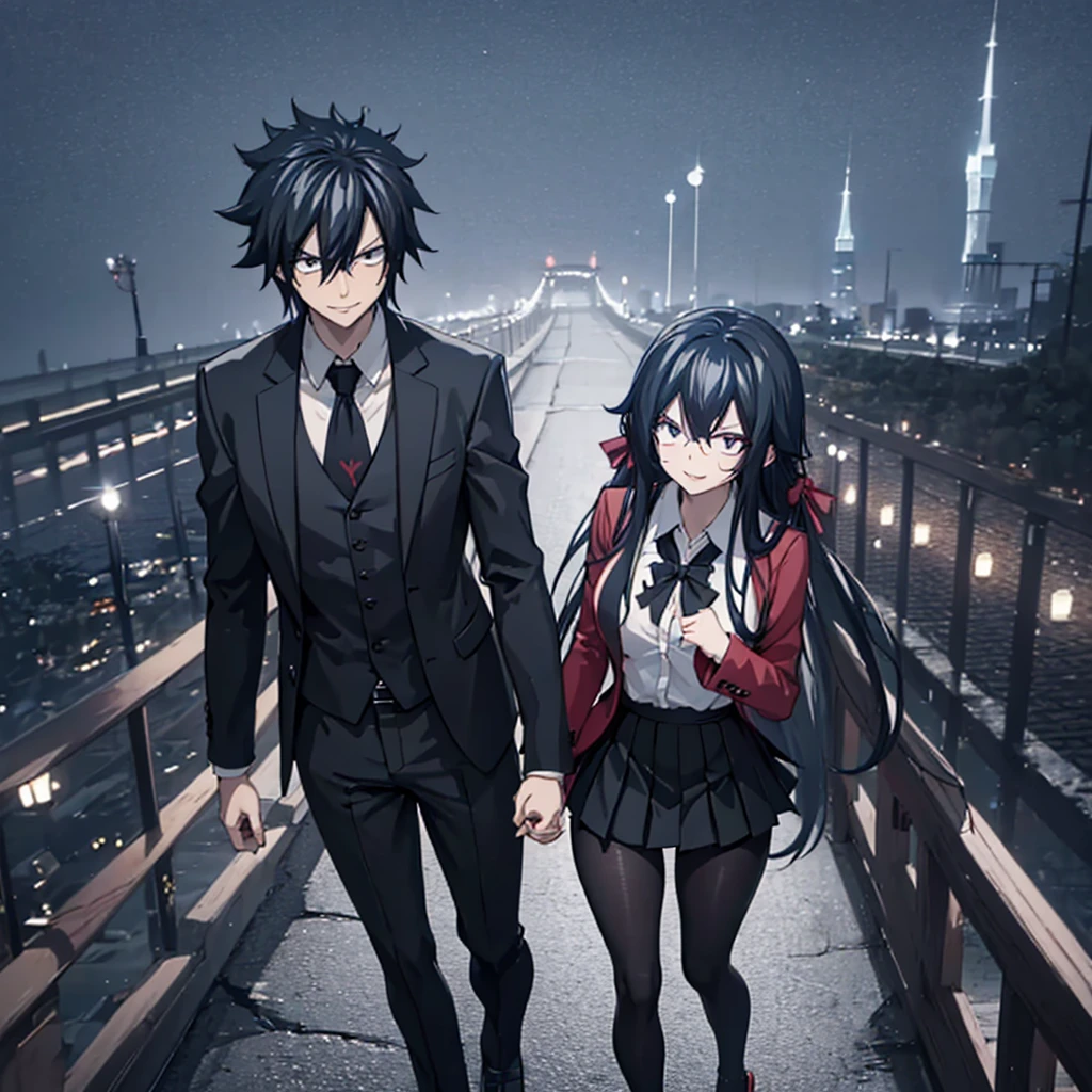 A man together with a woman holding hands Walking on a wide sidewalk overlooking a city at night with illuminated buildings, with perfect lighting, (romantic mood) (holding hands perfectly with coherent fingers), (Azurlane, IJN_Taihou, ahoge, woman wearing red coat white shirt , black skirt, black tights, smiling red eyes, long black hair) (a man wearing a black suit, Fairy_tail,Gray fullbuster, black pants, black hair, dark blue eyes, smiling) (just a man and woman couple), .shadow, flower , UHD , masterpiece, accurate, anatomically correct, textured skin, super detail, high quality, best quality, 8k, high resolution, bokeh effect.
