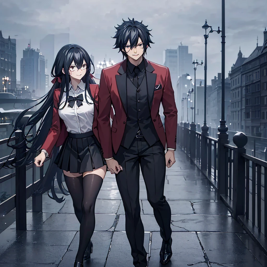 A man together with a woman holding hands Walking on a wide sidewalk overlooking a city at night with illuminated buildings, with perfect lighting, (romantic mood) (holding hands perfectly with coherent fingers), (Azurlane, IJN_Taihou, ahoge, woman wearing red coat white shirt , black skirt, black tights, smiling red eyes, long black hair) (a man wearing a black suit, Fairy_tail,Gray fullbuster, black pants, black hair, dark blue eyes, smiling) (just a man and woman couple), .shadow, flower , UHD , masterpiece, accurate, anatomically correct, textured skin, super detail, high quality, best quality, 8k, high resolution, bokeh effect.
