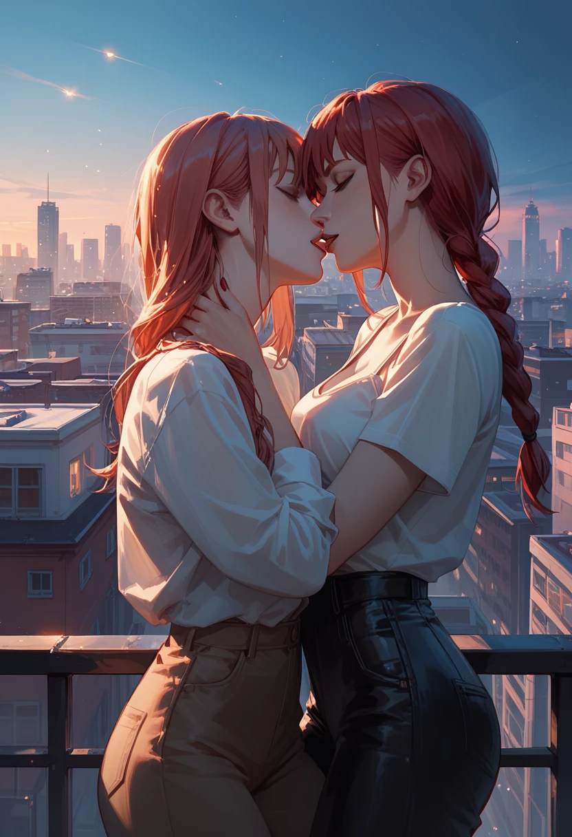 score_9, score_8_up, score_7_up, score_6_up, 2girls, chainsaw man makima and arcane jinx, yuri, girlfriends, lovers, kissing, city rooftop, night, cinematic lighting. Absolute perfection