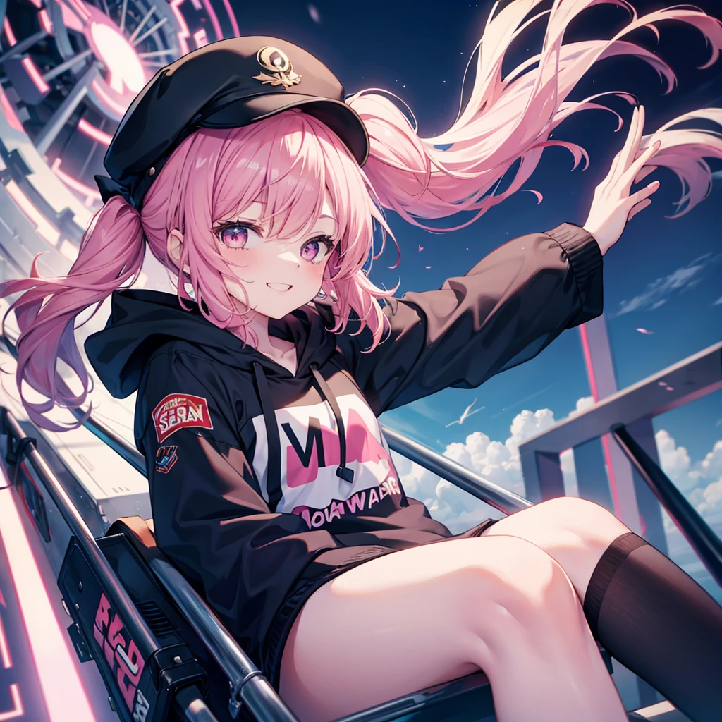 One woman,Best Influencers((Ride a roller coaster,High angle, wearing a black cap)) background(There is a sense of speed,high speed) Super smile,Smiling with teeth showing, arms spread wide, pink hair,Side Ponytail,Blowing in the wind, closing your eyes, hoodie,Pink accent anime style,Japan Shining Eyes,A masterpiece Shining edges