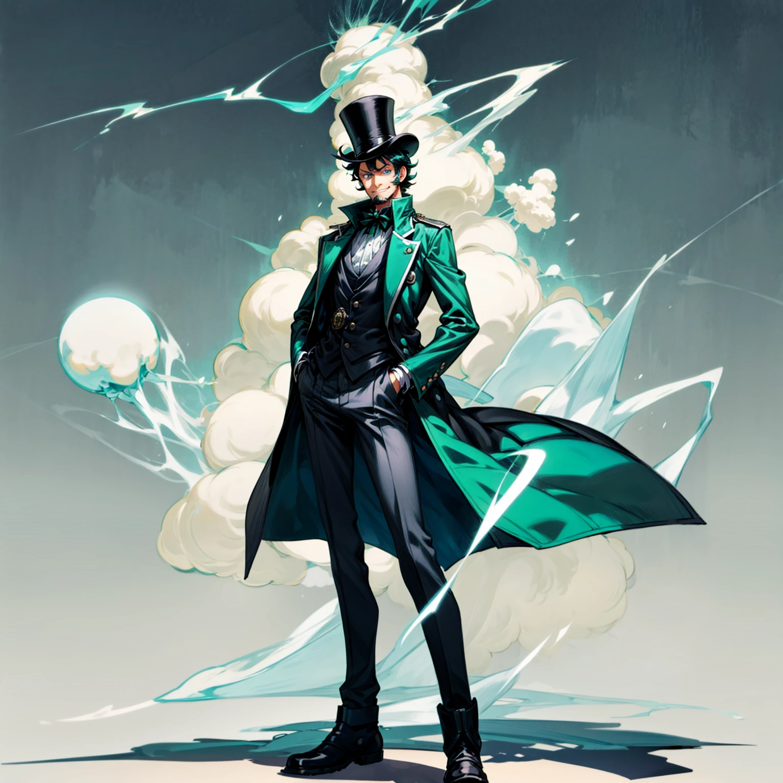 Solo character, full body version, Old man, thin beard, tall height, blue eyes, green half black color hair, short Curly haircut, casual formal outfit, black pants, boots, white background, detailed shadow, standing guard gesture, sad eyes, smile mouth, top hat pendora, ice, Ice cubes, nitrogen smoke, lightning flashes,  