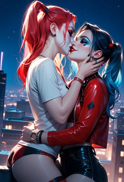 score_9, score_8_up, score_7_up, score_6_up, 2girls, harley quinn and jinx, yuri, girlfriends, lovers, kissing, city rooftop, ni...