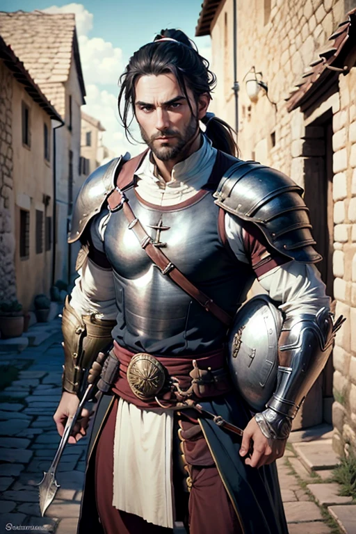 30 year old man, ponytail hair, greeneyes, serious expression, muscled body, trajes de gladiador, holding an epée, medieval village.