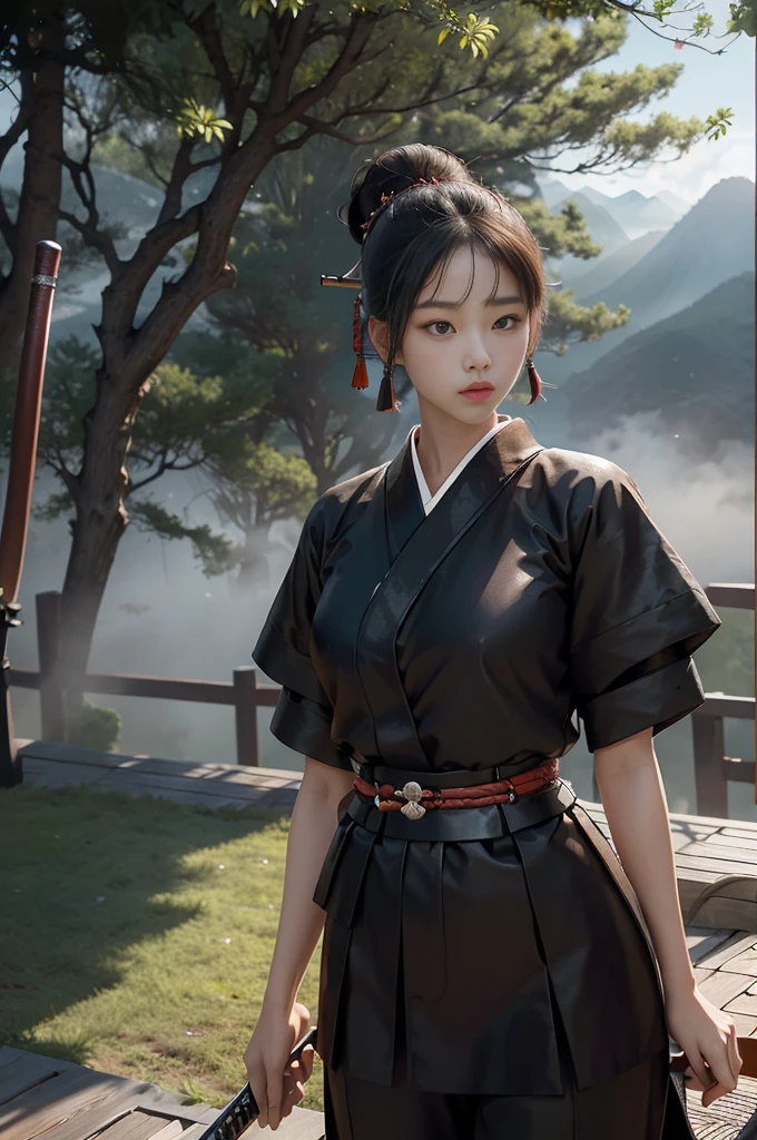 ((RAW photo), absurd, (absurdresolution)), masterpiece, best quality, (Extremely detailed 8k unity CG wallpaper), (best illustration), (best shadow), Realistic lighting, beautiful detailed glow, ((2, the most beautiful young girl, beautiful, innocent face, Korean)), (standing looking at the viewer, resting her arms, leg slightly bent), (black hair, a big bun at the nape of her neck, long wooden pins), (perfect black pupil, defined, sharp), (((War kimono, protected with samurai armor, wood and leather, katana at the waist))), ((background: mountain with hinoki trees and fog, imperial Korean castle)), (((monochromatic background, she in color)))