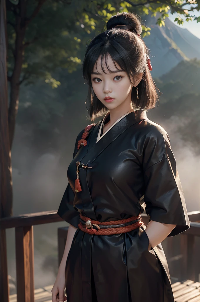 ((RAW photo), absurd, (absurdresolution)), masterpiece, best quality, (Extremely detailed 8k unity CG wallpaper), (best illustration), (best shadow), Realistic lighting, beautiful detailed glow, ((2, the most beautiful young girl, beautiful, innocent face, Korean)), (standing looking at the viewer, resting her arms, leg slightly bent), (black hair, a big bun at the nape of her neck, long wooden pins), (perfect black pupil, defined, sharp), (((War kimono, protected with samurai armor, wood and leather, katana at the waist))), ((background: mountain with hinoki trees and fog, imperial Korean castle)), (((monochromatic background, she in color)))