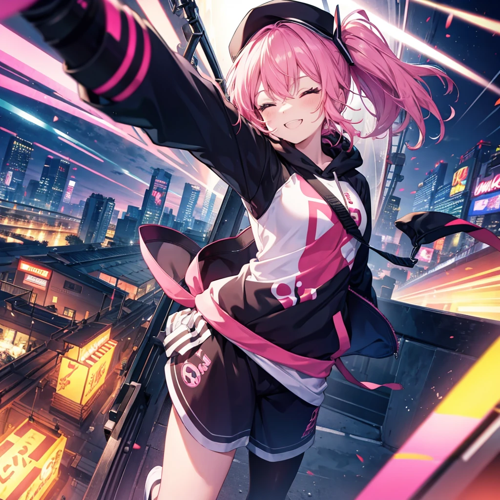 One woman,Best Influencers((Ride a roller coaster,High angle, wearing a black cap)) background(There is a sense of speed,high speed) Super smile,Smiling with teeth showing, arms spread wide, pink hair,Side Ponytail,Blowing in the wind, closing your eyes, hoodie,Pink accent anime style,Japan Shining Eyes,A masterpiece Shining edges