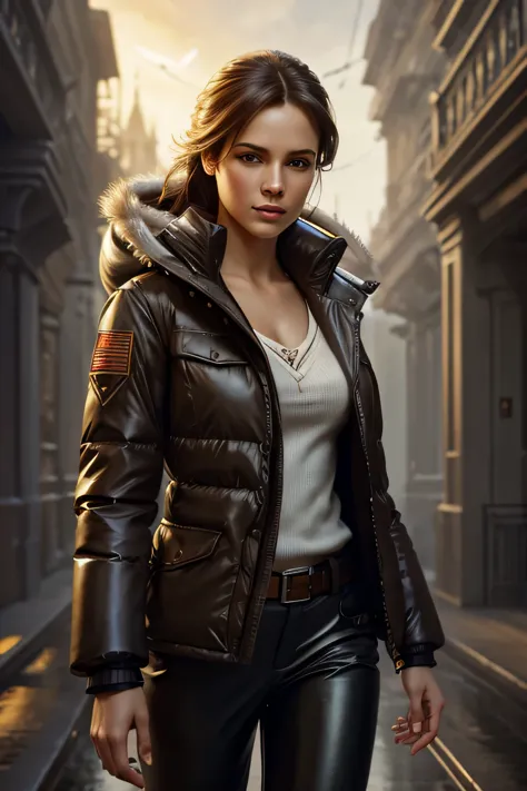 photorealism, full body, a young woman, puffer down jacket & pants, leather, beautiful realistic eyeantastic face, beautiful loo...