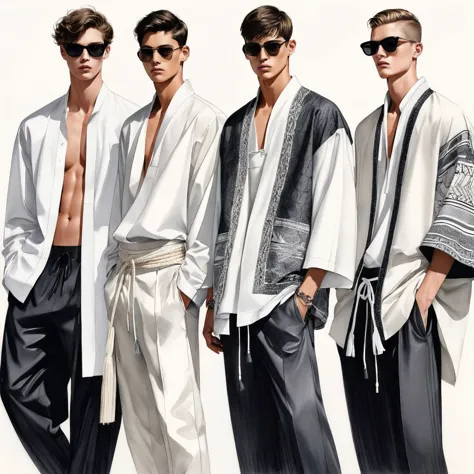 candid fashion illustration of a group of young 3man, aged 23 year old, tall and slender, mix race male super model, ((showcase ...