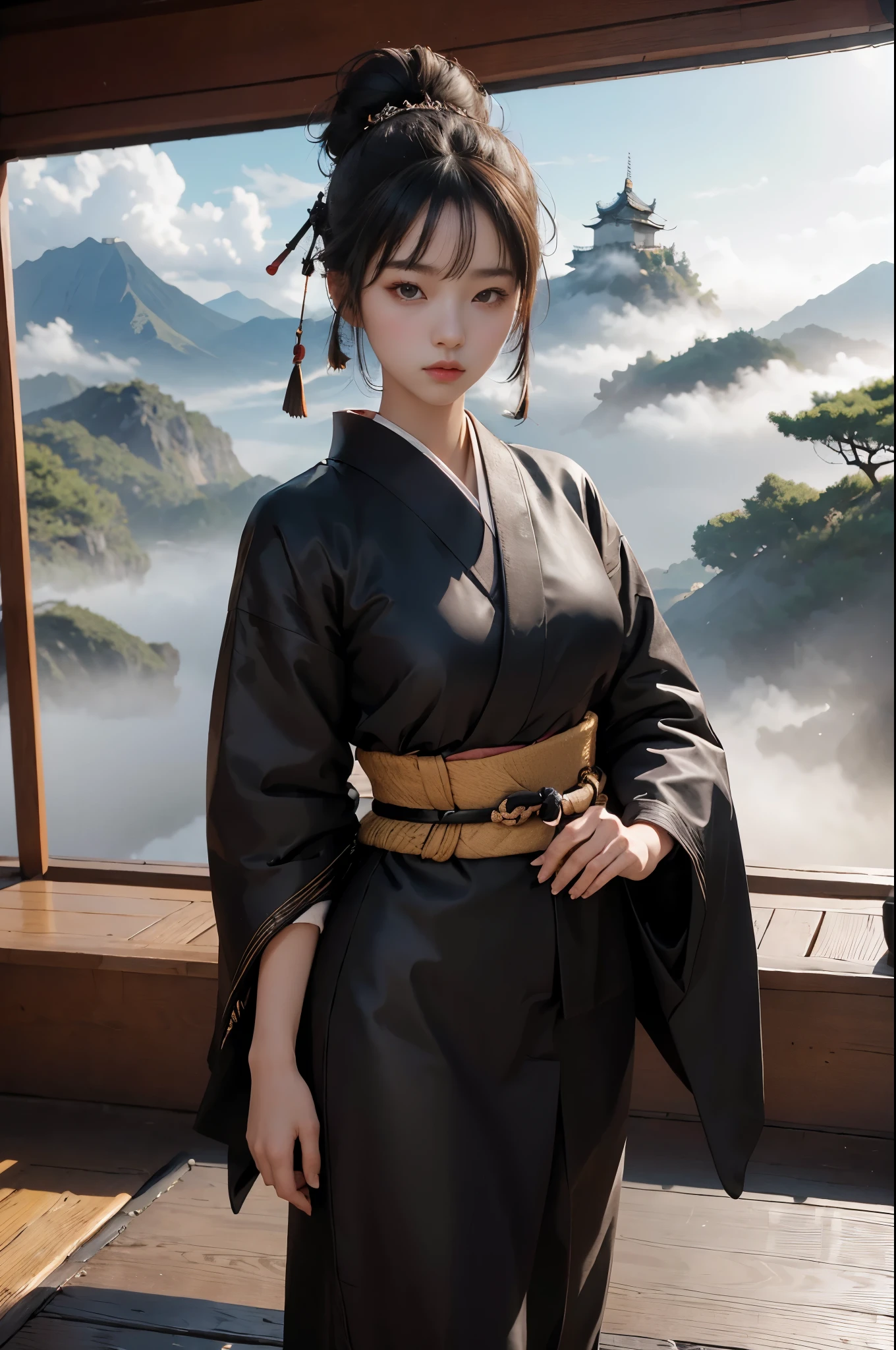 ((RAW photo), absurd, (absurdresolution)), masterpiece, best quality, (Extremely detailed 8k unity CG wallpaper), (best illustration), (best shadow), Realistic lighting, beautiful detailed glow, ((2, the most beautiful young girl, beautiful, innocent face, Korean)), (standing looking at the viewer, resting her arms, leg slightly bent), (black hair, a big bun at the nape of her neck, long wooden pins), (perfect black pupil, defined, sharp), (((War kimono, protected with samurai armor, wood and leather, katana at the waist))), ((background: mountain with hinoki trees and fog, imperial Korean castle)), (((monochromatic background, she in color)))