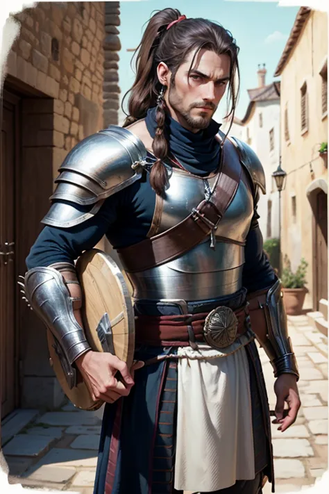 30 year old man, ponytail hair, greeneyes, serious expression, muscled body, trajes de gladiador, holding an epée, medieval vill...