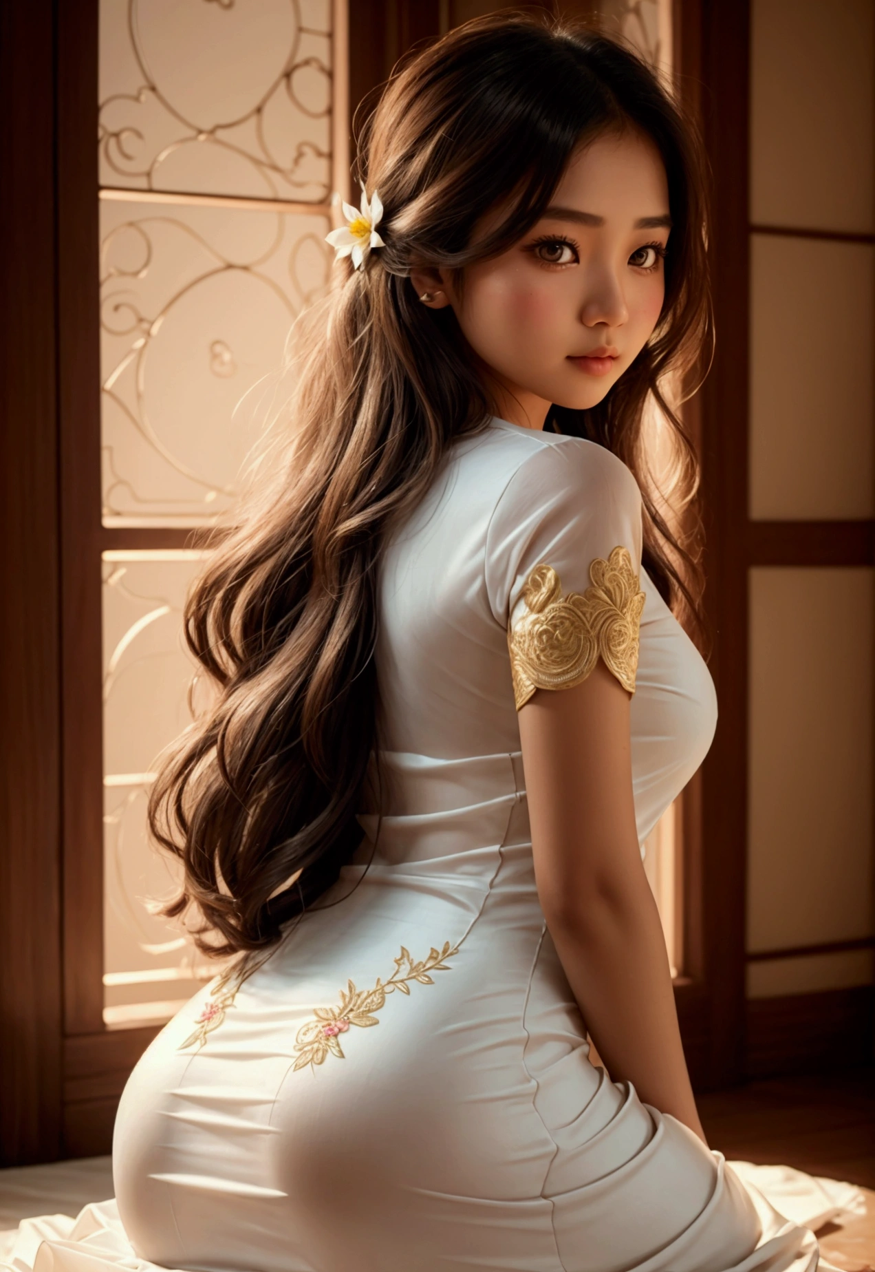 {sofia} girl  big ass Myanmar dress Flower drawing very detail, soft lighting glow effect, cinematic look, beautiful hair