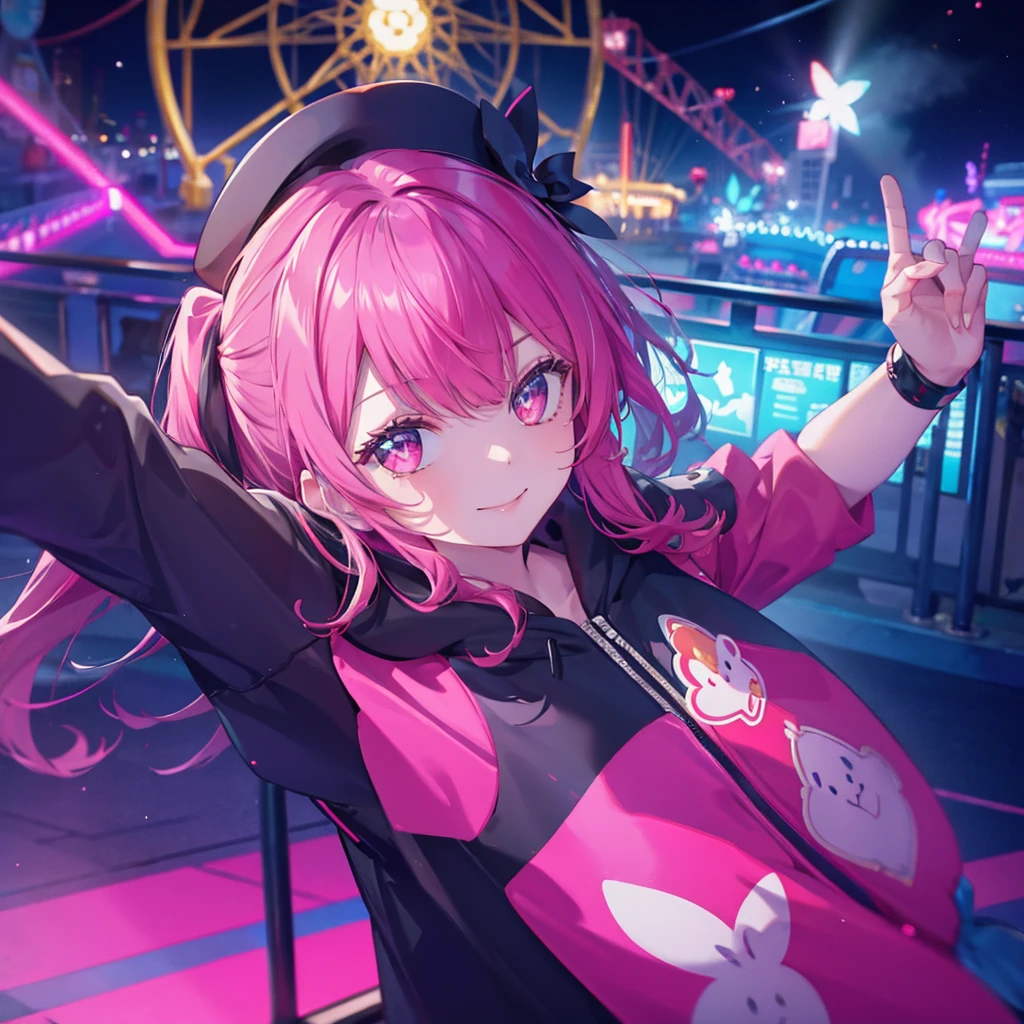 One woman,Best Influencers((Taking a selfie,High angle, wearing a black cap)) background(amusement park,Ferris wheel) Super smile,Smiling with teeth showing,V sign pink hair,Side ponytail Pink eyes,Shiny hoodie,Pink accent anime style,Japan Shining Eyes,A masterpiece Shining edges