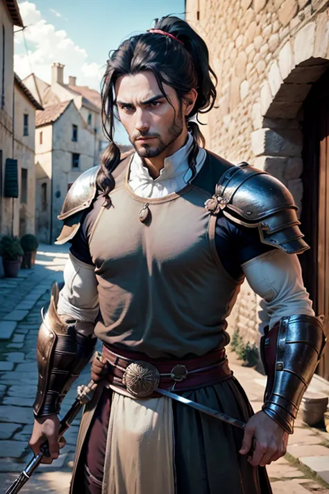 30 year old man, ponytail hair, greeneyes, serious expression, muscled body, trajes de gladiador, holding an epée, medieval vill...