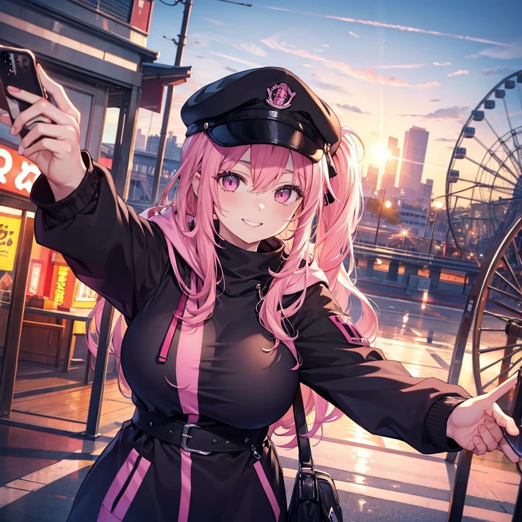 One woman,Best Influencers((Taking a selfie,High angle, wearing a black cap, big breasts)) background(amusement park,Ferris wheel) Super smile,Smiling with teeth showing,V sign pink hair,Side ponytail Pink eyes,Shiny hoodie,Pink accent anime style,Japan Shining Eyes,A masterpiece Shining edges