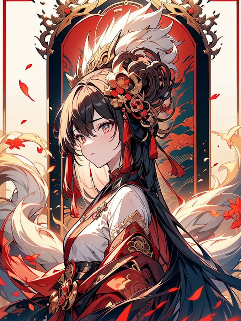 (A Divine Beast), Nine-Tailed Demon Fox, Dynamic Body Type, (Chinese Monster), bonitas, Started Ink, Chinese, 1 girl, ((whole body), ((2.5D)), floating hair, gorgeous eyes, Delicate Eyes, Delicate Silhouette, Fantasyart, (Black and Red Antique Brocade Hanfu), fov, (work of art), front facing shot, side portrait, White background, (movie poster), Spitz, Start, nube, petals, Void, sky, (wide angle lens), sight, fully body, killer eyes
