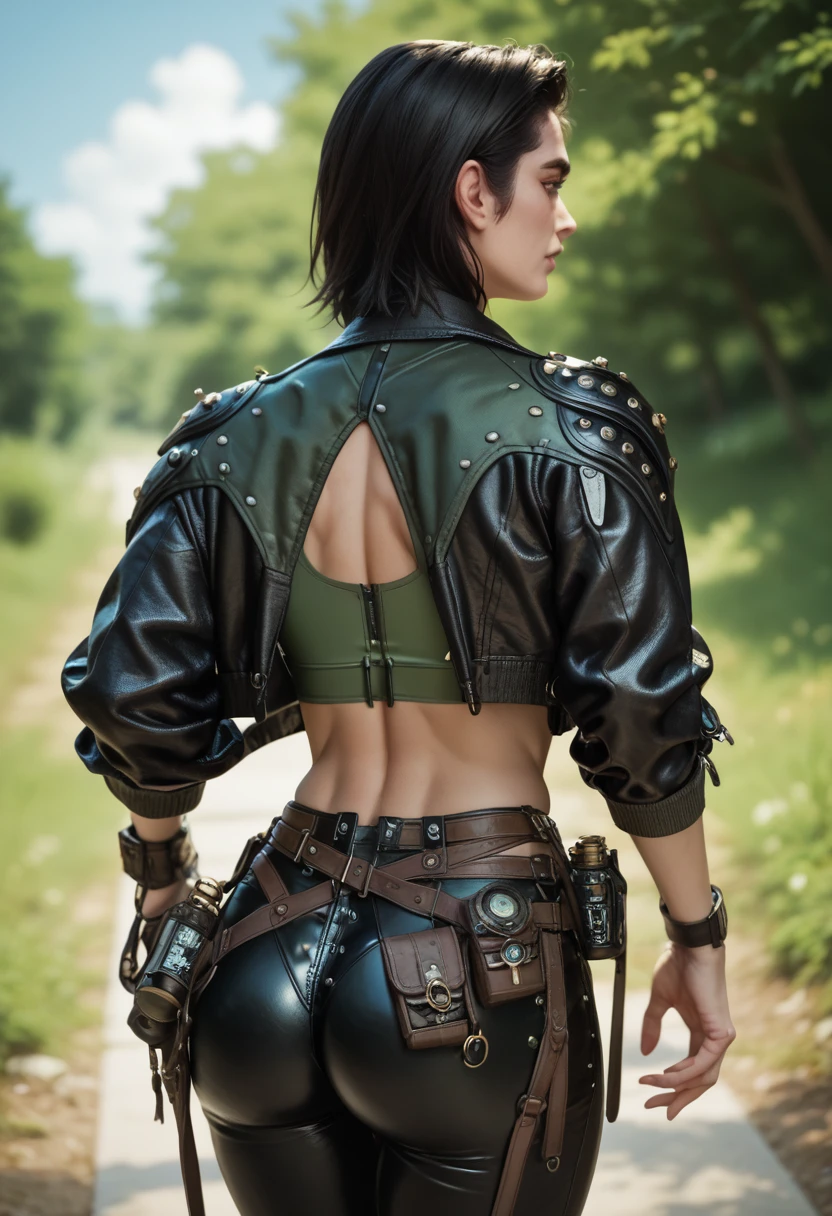 Freyna, 22 years old woman, short black hair, medium breasts, green top, black cropped jacket, black tight leather pants, blue tight track shorts, big ass, fit toned body, holsters, belts, front view, 