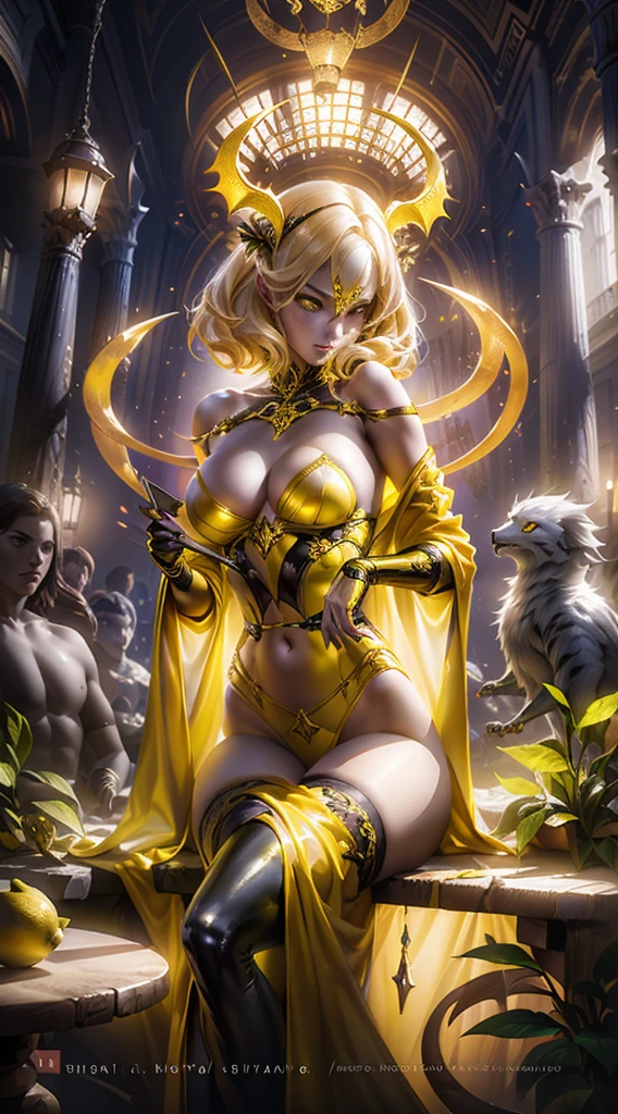 A captivating and enchanting 照片 illustration of a mesmerizing lemon demoness, 就像一個誘人的魅魔. 身穿引人注目的檸檬色服裝, 她散發出一種霸氣的氣息. 魔女, 她的淺膚色, 在陽光明媚的日子裡，在歐洲自助餐廳舒適的氛圍中擺出誘人的姿勢. 溫暖的陽光投射出金色的色調, 增強她服裝的活力檸檬色調. 氣氛充滿了神秘和誘惑的氣息, 將觀眾帶入迷人的場景., 照片, 電影般的